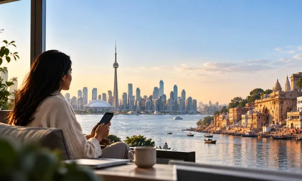Send money from Canada to India — Toronto skyline and Varanasi ghat