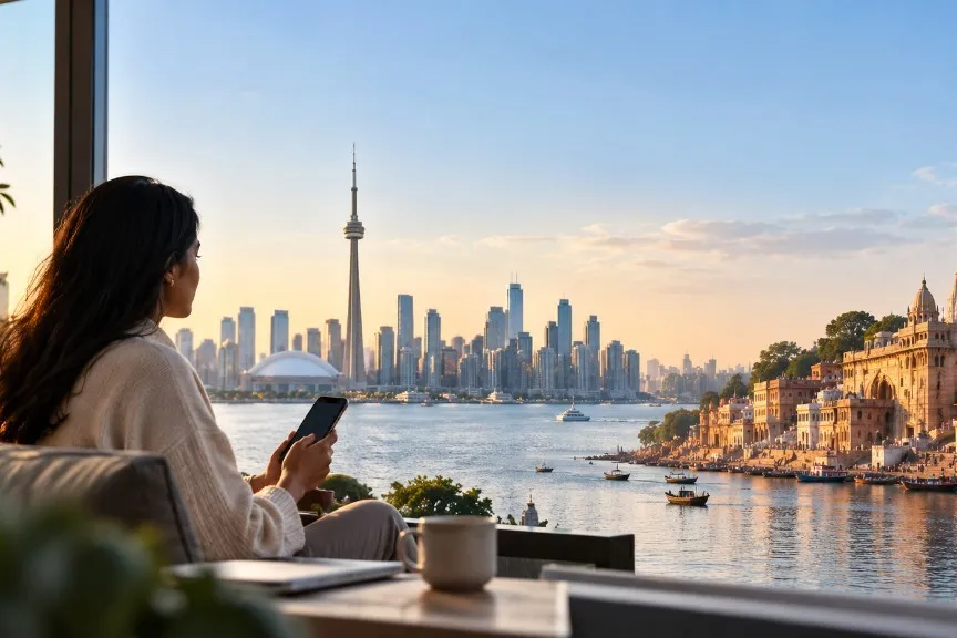Send money from Canada to India — Toronto skyline and Varanasi ghat